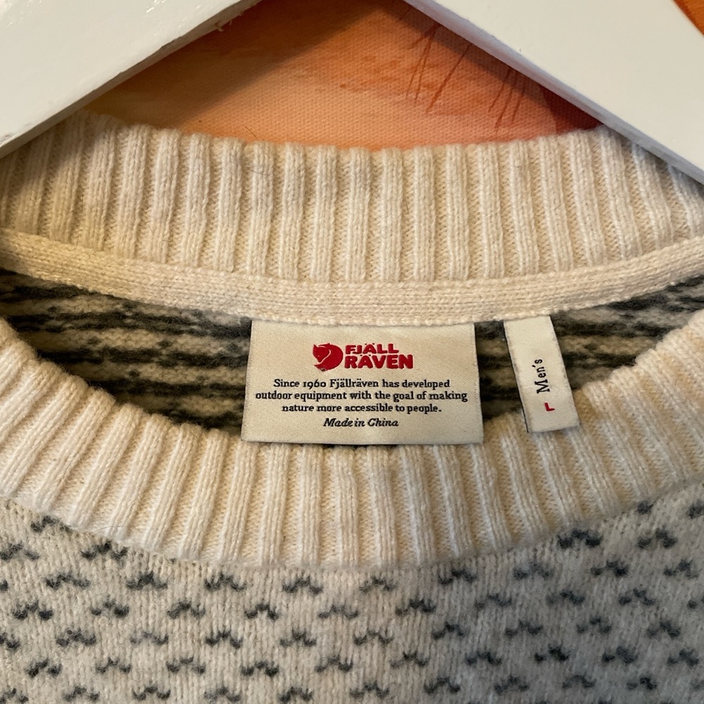 Fjallraven Men’s Large Ovik Nordic Sweater Cream Patterned Elbow Pads 100% Wool - Picture 5 of 7